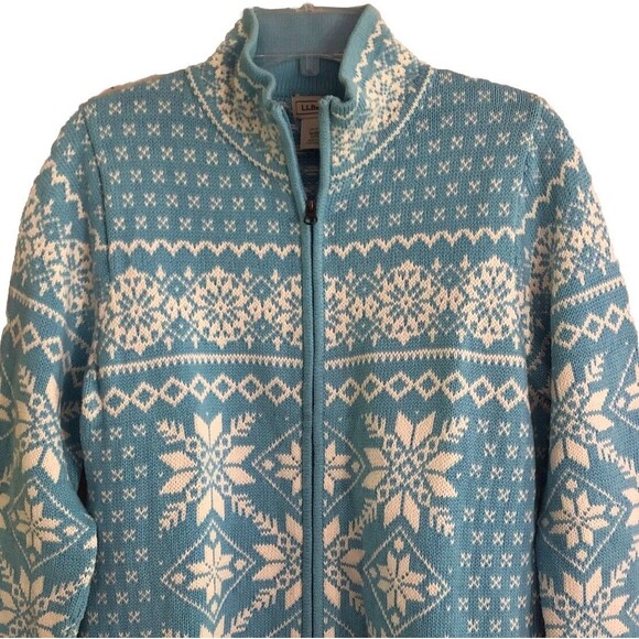 LL Bean Nordic Cardigan Sweater Womens Sz M Blue Fair Isle Heavy Cotton Zip Up - Picture 2 of 14
